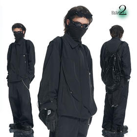 RELABEL 21AW黑色几何切割深蓝撞色线多层次铆钉宽松梭织夹克外套