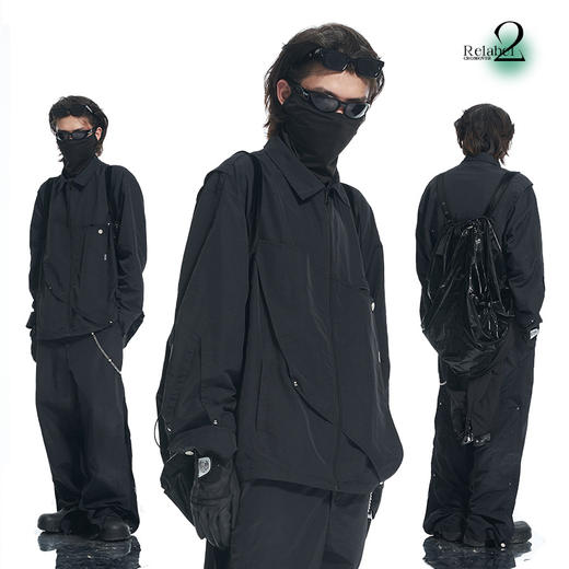 RELABEL 21AW黑色几何切割深蓝撞色线多层次铆钉宽松梭织夹克外套 商品图0