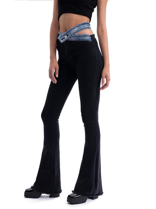 IFIK Black Wrap Jeans 告别含蓄 腰部不对称绑带镂空修身牛仔裤 商品图0