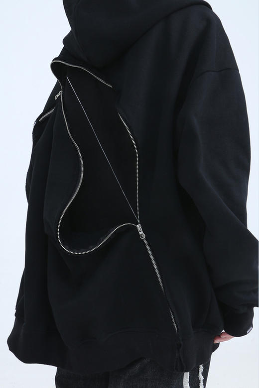 RELABEL 20AW 多结构立体剪裁长拉链破坏拼接黑色拉链卫衣外套 商品图5