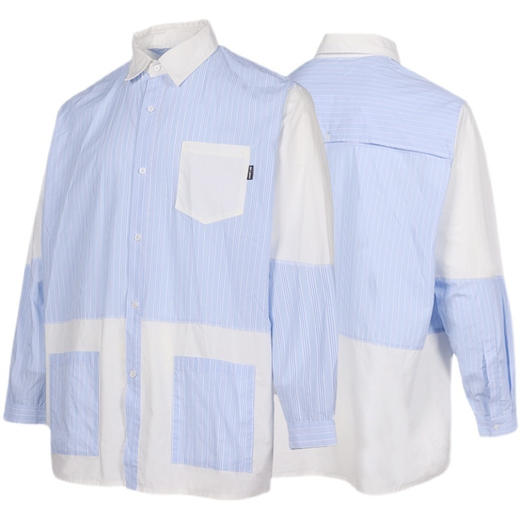 RELABEL 21AW蓝色条纹拼接多口袋可活动后片假两件宽松长袖衬衣 商品图4