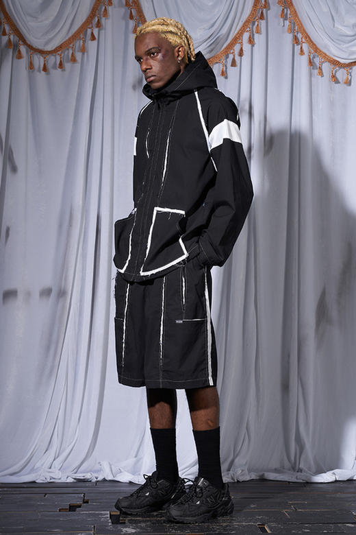 RELABEL 21SS破缝黑白拼接毛边刀割破坏褶皱尼龙宽松夹克外套 商品图5
