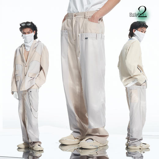 RELABEL 21AW 浅卡其色梭织拼接假两件双腰不对称休闲宽松西裤 商品图0