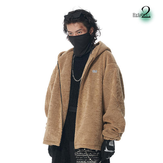 RELABEL 21AW 浅棕色羊羔绒品牌定制刺绣标交错走线宽松拉链外套 商品图1