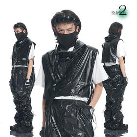 RELABEL 21AW黑色高密度未来感宽松连帽披肩金属铭牌马甲