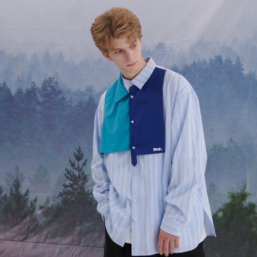 EAFINETAL.21AW新款门襟拼接撞色刺绣设计复古条纹纯棉休闲衬衫 商品图2