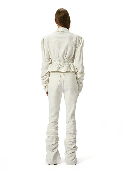 IFIK White Pleated Non-stretch Denim Jacket 垫肩褶皱牛仔夹克 商品图2
