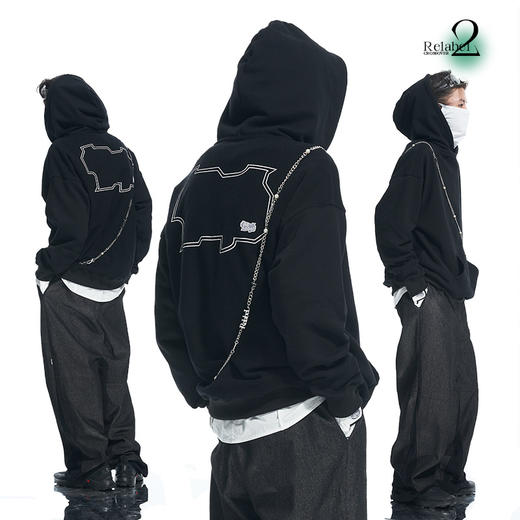 RELABEL 21AW品牌logo外边框印花刺绣标片正反毛圈拼接连帽卫衣 商品图0