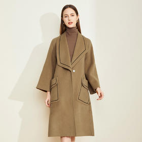 LH9R5斯尔丽瑟俪2021秋冬新款高端法式浪漫束腰款镶边喇叭袖羊毛大衣