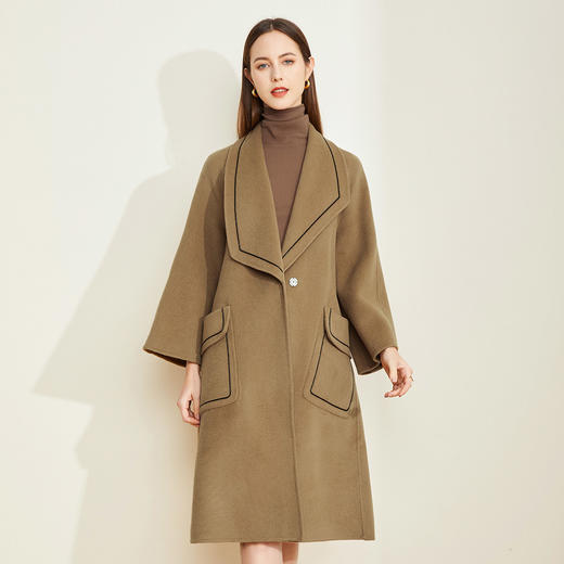 LH9R5斯尔丽瑟俪2021秋冬新款高端法式浪漫束腰款镶边喇叭袖羊毛大衣 商品图0