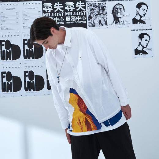 EAFINETAL.20AW“守望”主题印花水洗毛边效果拼接宽松休闲白衬衫 商品图1