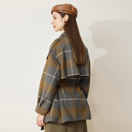 LH9H4斯尔丽2021新款秋冬瑟俪双面呢格子假两件式肩章羊毛大衣女 商品图1