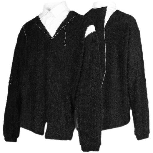 RELABEL 21AW 定织黑色毛料拼接白衬衣假两件手工明线宽松毛衣 商品图4