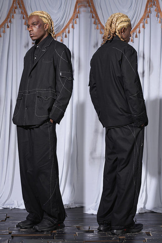 RELABEL 21SS黑色弧形交错立体重工明线多口袋透气亲肤棉麻西装 商品图5