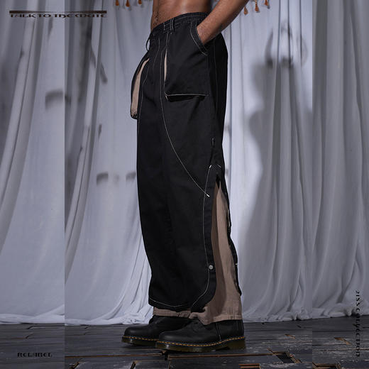 黑灰撞色双脚口可调节结构重工明线廓形立体口袋宽松长裤 商品图1