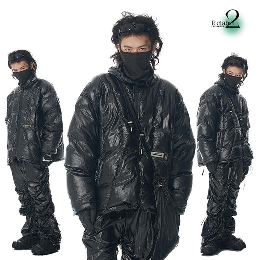 RELABEL 21AW黑色高密度未来感金属铭牌领侧缝标宽松羽绒服 商品图0