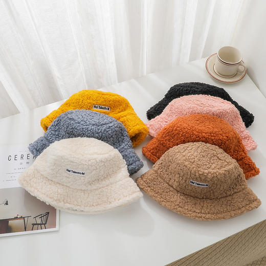「好物推荐 时尚百搭！」秋冬帽子女纯色羊羔毛渔夫帽日系百搭字母刺绣盆帽ins保暖小沿帽 商品图5