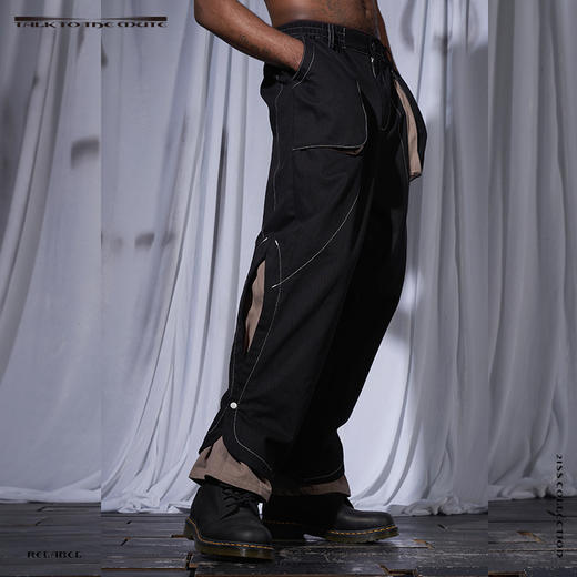 黑灰撞色双脚口可调节结构重工明线廓形立体口袋宽松长裤 商品图2
