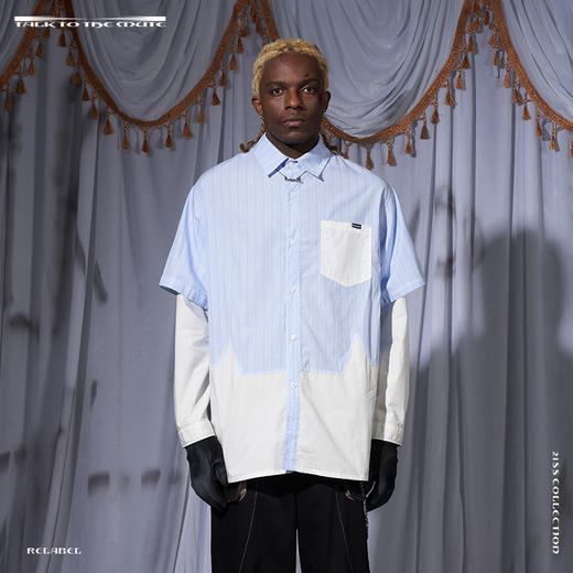 RELABEL 21SS 蓝色条纹不规则拼接多层次假两件宽松长袖衬衣 商品图2