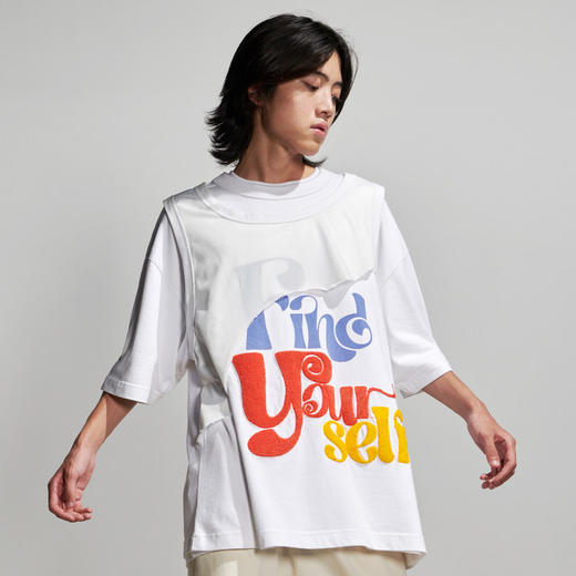 EAFINETAL.21AW新款毛巾绣印花破坏马甲假两件纯棉宽松短袖T恤Tee 商品图3