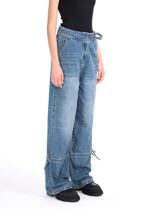 IFIK Blue Cargo Jeans两穿 反常规高腰双排扣束脚复古水洗牛仔裤 商品图0