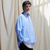 EAFINETAL.2021SS新款刺绣假两件拼接纯棉休闲宽蓝色松条纹衬衫 商品缩略图1