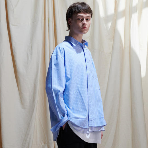 EAFINETAL.2021SS新款刺绣假两件拼接纯棉休闲宽蓝色松条纹衬衫 商品图1