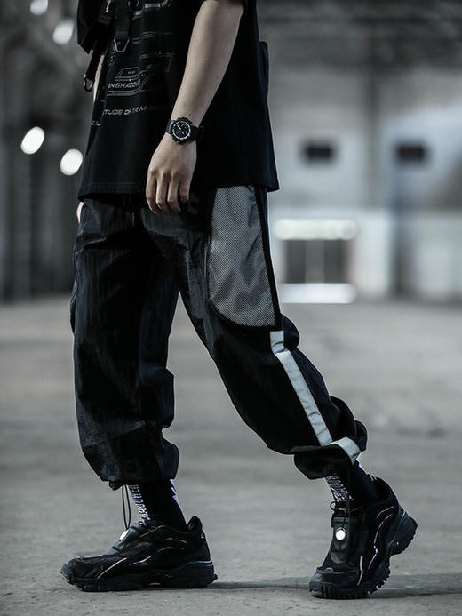 ENSHADOWER隐蔽者网洞拼接抽绳束脚裤男潮牌宽松反光条薄款休闲裤 商品图1