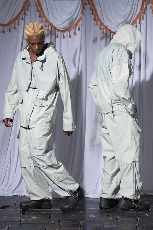 RELABEL 21SS层次拼接双门襟错位结构隐藏袋盖印花多穿法夹克外套 商品图5