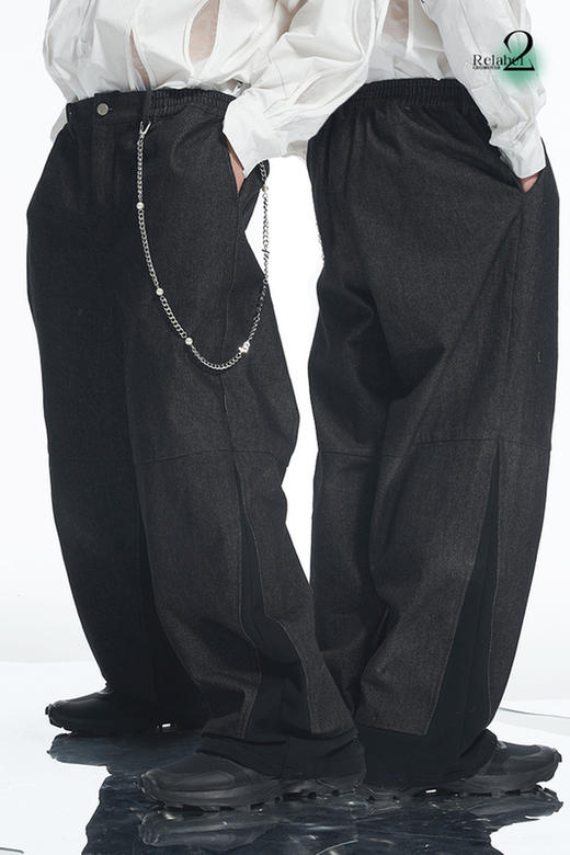 RELABEL 21AW 水洗高级黑色脚口异形拼接毛圈宽松牛仔裤 商品图5