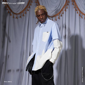 RELABEL 21SS 蓝色条纹不规则拼接多层次假两件宽松长袖衬衣