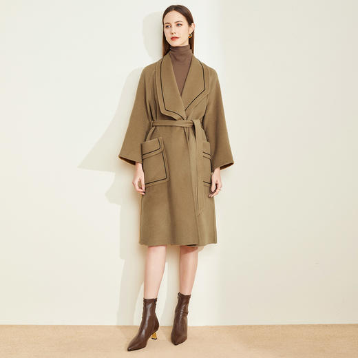 LH9R5斯尔丽瑟俪2021秋冬新款高端法式浪漫束腰款镶边喇叭袖羊毛大衣 商品图2