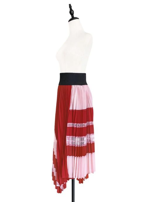 TYNVIE 不对称裙摆百褶拼接半身长裙-红粉色 商品图1