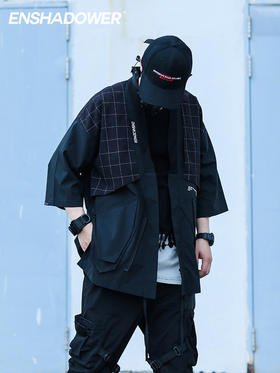 ENSHADOWER隐蔽者秋季格子拼接道袍外套男黑色七分袖国风潮牌夹克