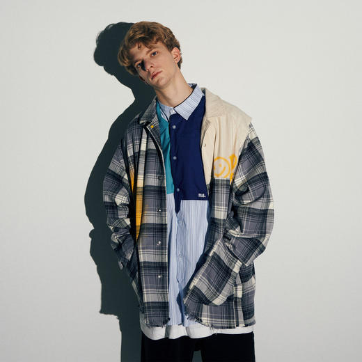 EAFINETAL.21AW新款笑脸印花法兰绒格纹拼接水洗毛边做旧夹克外套 商品图0