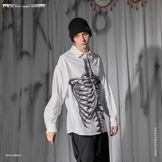 RELABEL 21SS 素描骨架印花立领长袖衬衫男美潮复古宽松衬衣 商品图2