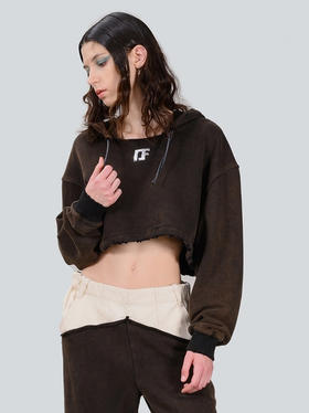 IFIK Brown Crop Easy Hoodie 轻松不失高级的水洗做旧连帽短卫衣