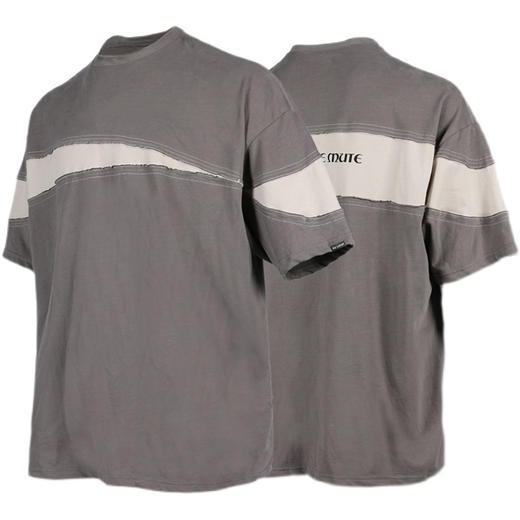 RELABEL 21SS深浅灰色拼接多层走线背后主题字体印花宽松短袖T恤 商品图4