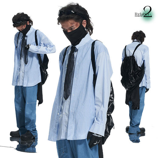 RELABEL 21AW 条纹拼接双重门襟结构休闲宽松衬衣 商品图0