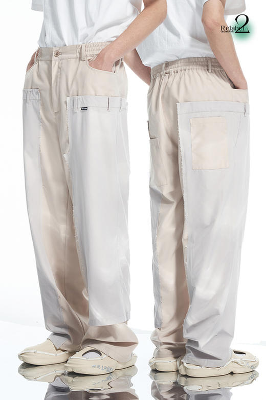 RELABEL 21AW 浅卡其色梭织拼接假两件双腰不对称休闲宽松西裤 商品图5