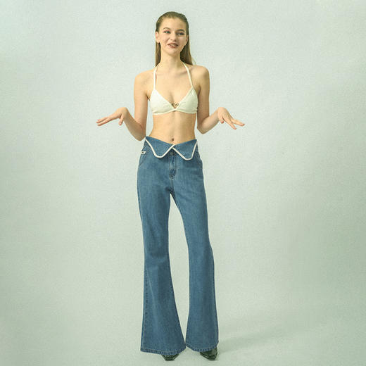 IFIK 90S Leather Binding Blue Flared Jeans复古美式翻边喇叭裤 商品图1