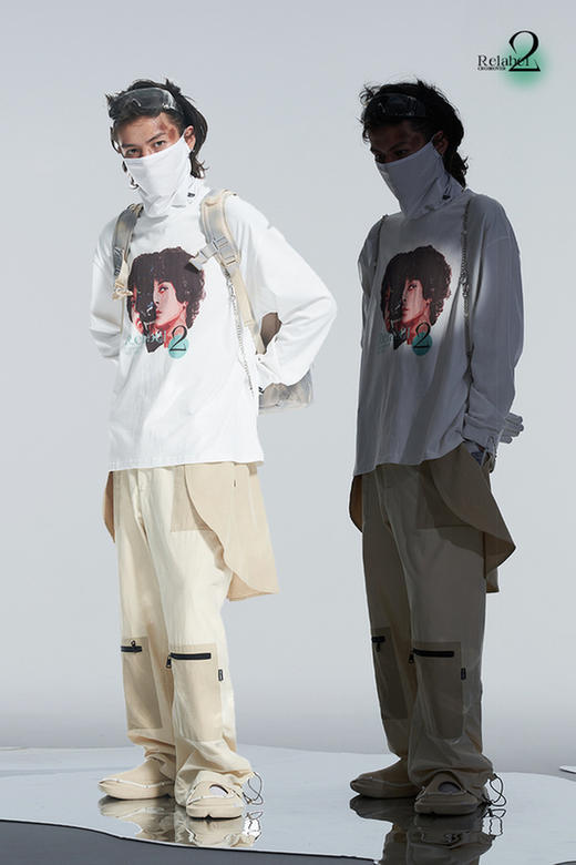 RELABEL 21AW联名relebel主题概念人兽撕裂拼接印花圆领长袖T恤 商品图5