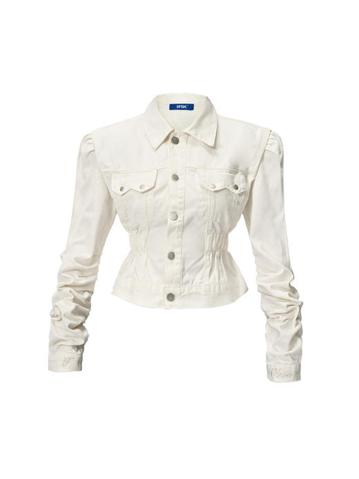 IFIK White Pleated Non-stretch Denim Jacket 垫肩褶皱牛仔夹克 商品图4