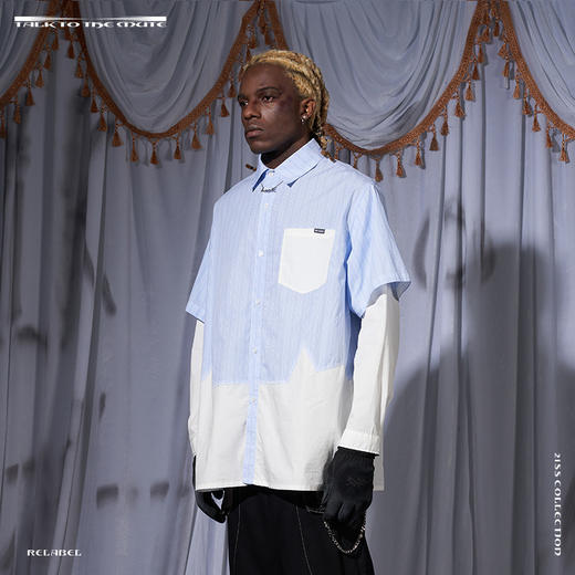 RELABEL 21SS 蓝色条纹不规则拼接多层次假两件宽松长袖衬衣 商品图1