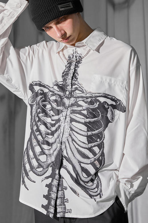 RELABEL 21SS 素描骨架印花立领长袖衬衫男美潮复古宽松衬衣 商品图5