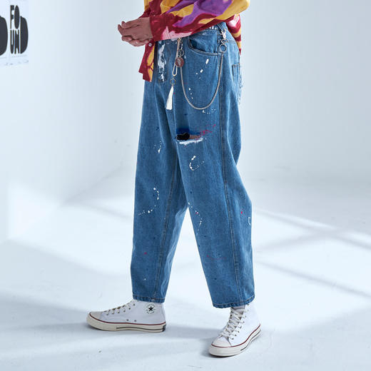 EAFINETAL.20AW春秋泼墨做割裂旧设计破洞牛仔裤宽松休闲直筒长裤 商品图0
