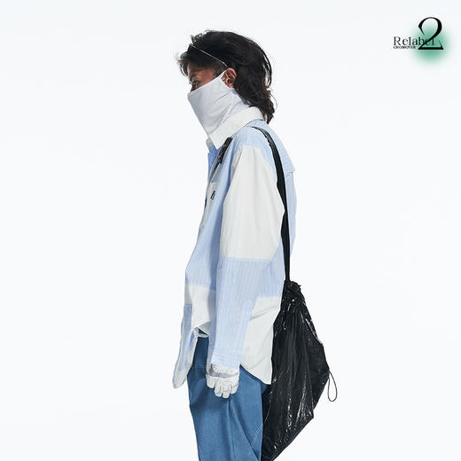 RELABEL 21AW蓝色条纹拼接多口袋可活动后片假两件宽松长袖衬衣 商品图1