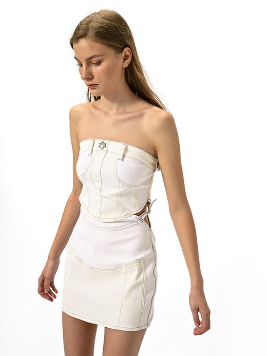 IFIK Bicolor Denim Mini Dress 满身心机的热辣镂空牛仔抹胸裙子 商品图3