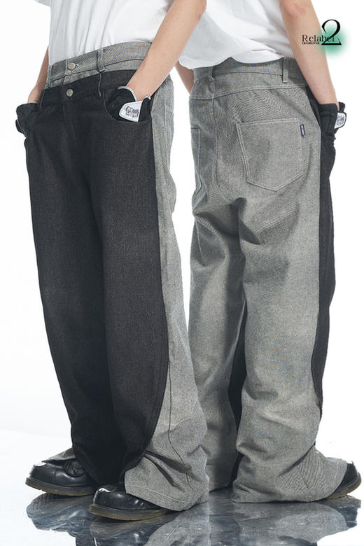 RELABEL 21AW解构重组正反面黑灰撞色拼接脚口开叉宽松重工牛仔裤 商品图5