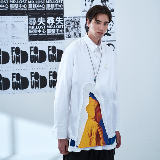 EAFINETAL.20AW“守望”主题印花水洗毛边效果拼接宽松休闲白衬衫 商品图3